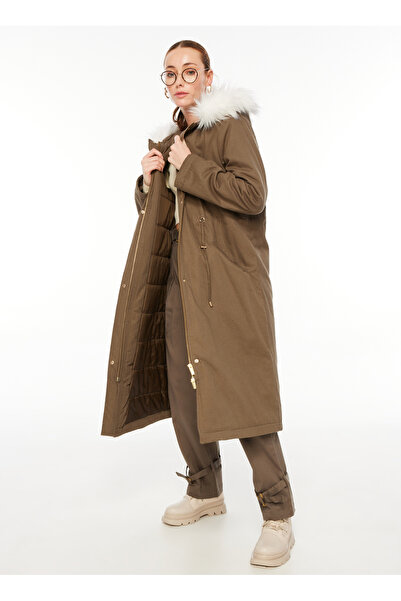Fabrika Haki Kadın Kapüşonlu Geniş Fit Kürklü Mont F3WL-MNT3