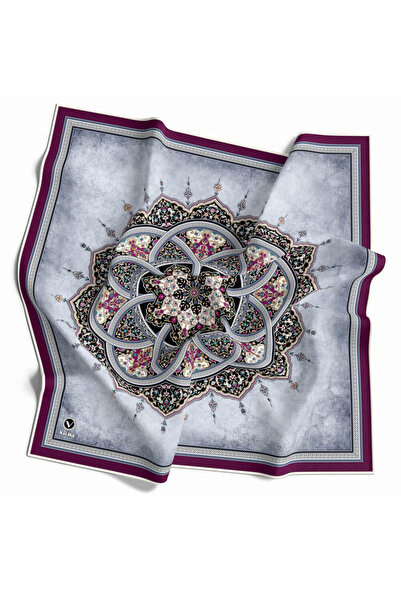 VİOLLA Twill Etnik Desenli Mürdüm Renkli 90x90 Eşarp (İpek İçermez) Kenar Dikiş Şekli El Dikişli