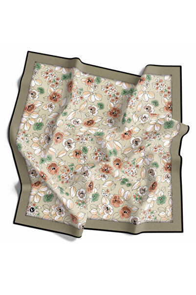 VİOLLA Twill Çıtır Bahar Çiçek Desenli Haki Renkli 90x90 Eşarp (İpek İçermez)...