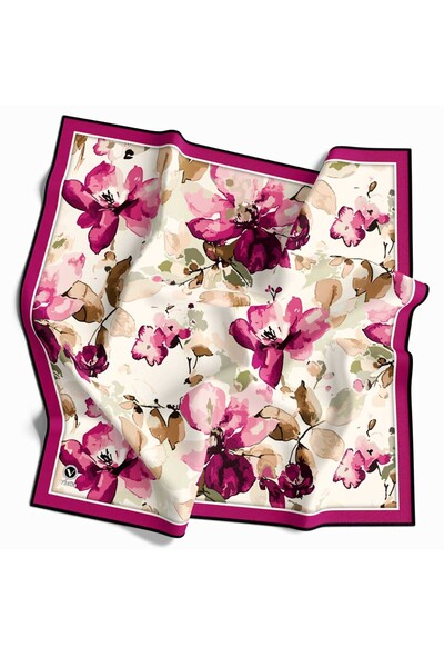 VİOLLA Twill Büyük Çiçek Desenli Mürdüm Renkli 90x90 Eşarp (İpek İçermez) Kenar Dikiş Şekli El Dikişli