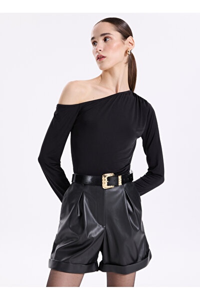 Fabrika Siyah Kadın Deri Görünümlü Şort F3WL-SHT1