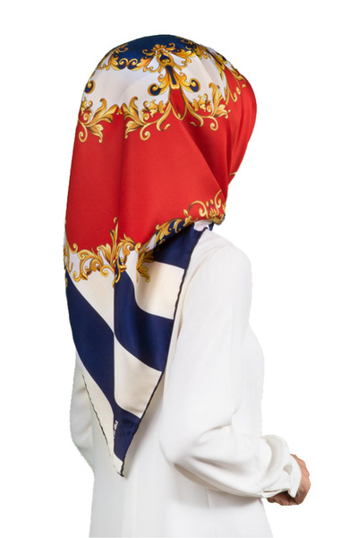 VİOLLA Twill Çizgili Barok Desenli Lacivert - Kırmızı Renkli 90x90 Eşarp (İpe...