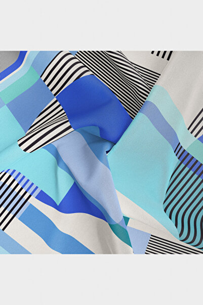 Vissona Baby Blue γεωμετρικό σχέδιο Twill Silk - Saks Πολύχρωμο κασκόλ 90x90 ραμμένο στο χέρι