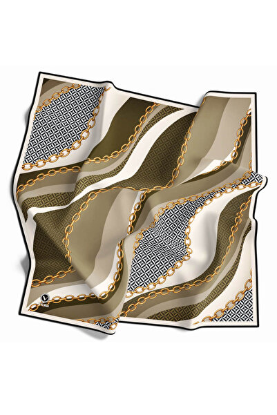 VİOLLA Twill Zincir Desenli Bej Renkli 90x90 Eşarp (İpek İçermez) Kenar Dikiş...