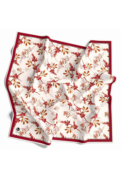 VİOLLA Twill Bahar Dalı Desenli Bordo Renkli 90x90 Eşarp (İpek İçermez) Kenar...