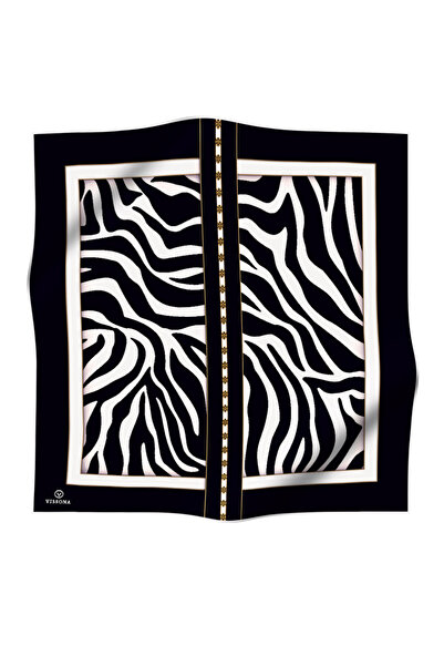 Vissona 100% Twill Μετάξι με Ζέβρα, Κρεμ - Μαύρο Χρώμα, Κασκόλ 90x90, Ραμμένο στο Άκρο, Χειροποίητο
