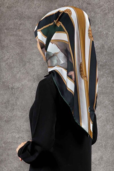 VİOLLA Twill Kemerli ve Çiçek Desenli Siyah - Zümrüt Yeşili Renkli 90x90 Eşar...
