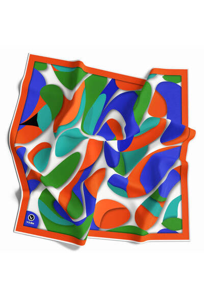 VİOLLA Twill Soyut Geometrik Desenli Turuncu - Saks Renkli 90x90 Eşarp (İpek ...