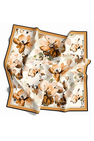 VİOLLA Twill Büyük Çiçek Desenli Hardal Renkli 90x90 Eşarp (İpek İçermez) Ken...