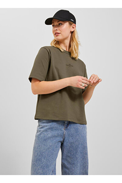 JJXX Bisiklet Yaka Baskılı Koyu Yeşil Kadın T-Shirt JXISA BELLE LOOSE SS TEE JRS