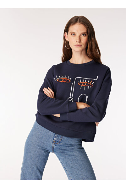 Fabrika Bisiklet Yaka Nakışlı Lacivert Kadın Sweatshırt F3WL-SWT2