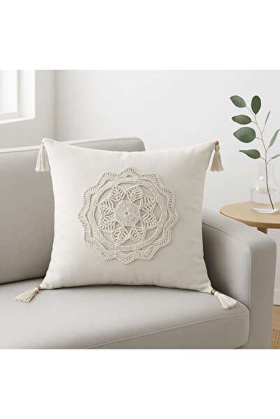 zümal tekstil tasarım Makrome Örgü Keten Dekoratif Kırlent - Yastık Kılıfı Tekli 43x43 Cm (Renk KREM )