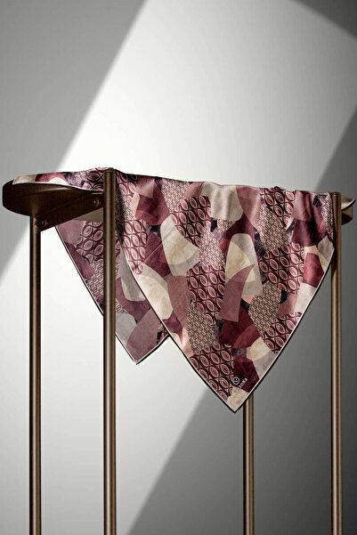 Vissona %100 Twill İpek Geometrik Desenli Pudra - Gül Kurusu Renkli 90x90 Eşarp Eşarp Kenar Dikiş Şekli El D