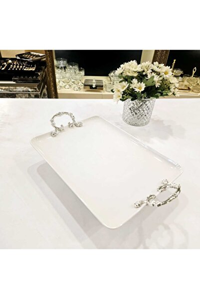 MaviDamla 1 Piece Rectangular Footed Porcelain Presentation Plate Silver