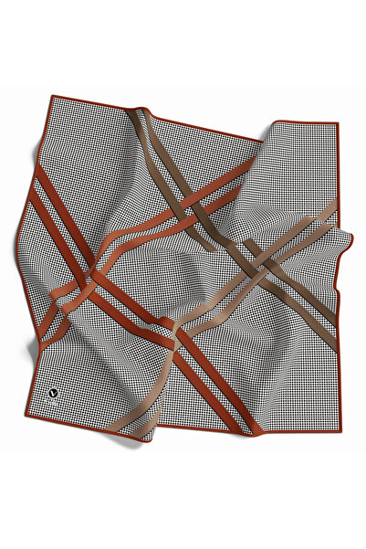 VİOLLA Twill Çizgili Pötikareli Çizgili Desenli Taba Renkli 90x90 Eşarp (İpek...