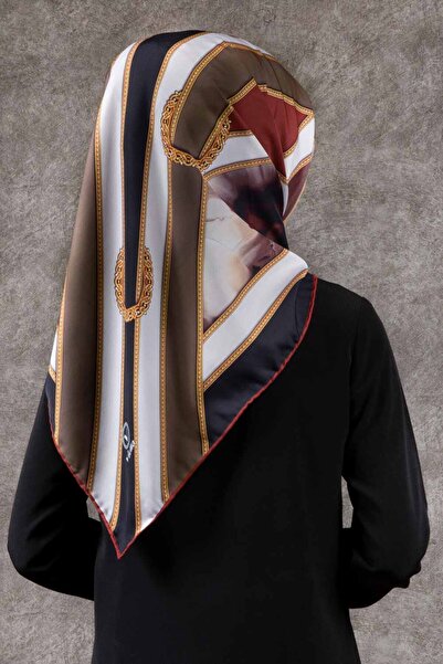VİOLLA Twill Kemerli ve Çiçek Desenli Siyah - Taba Renkli 90x90 Eşarp (İpek İ...