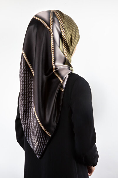 VİOLLA Rayon Gold Detaylı Geometrik Desenli Haki Renkli 90x90 Eşarp (İpek İçermez) Kenar Dikiş Şekli El Dik