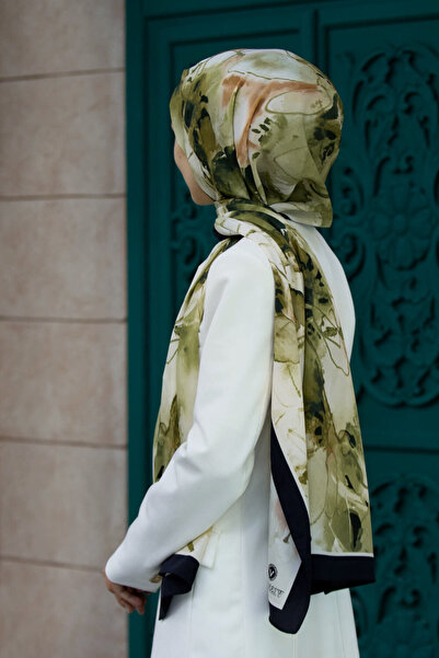 Vissona Luxury Medina Silk - Watercolor, Leaf Pattern, Khaki Green, 75X195 Kimez Moss Crepe Outlet Ti