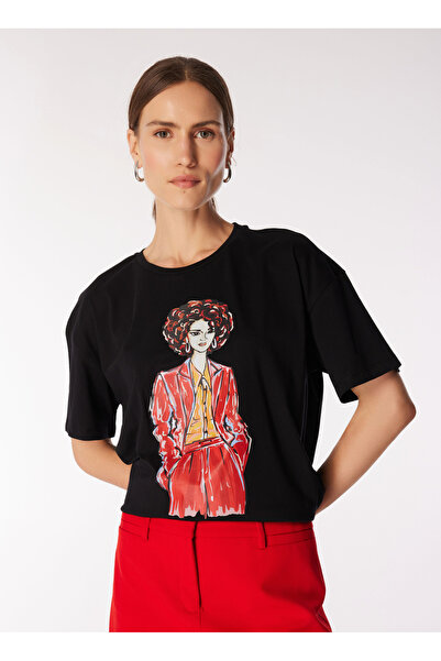 Fabrika Bisiklet Yaka Baskılı Siyah Kadın T-Shirt F3WL-TST3