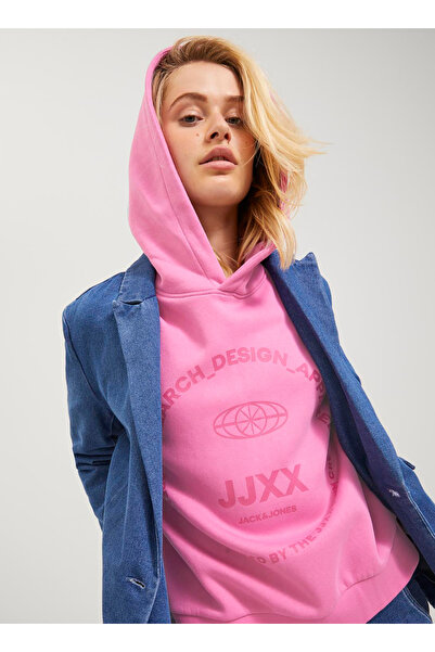 JJXX Kapüşon Yaka Baskılı Pembe Kadın Sweatshırt JXNOLA RLX LS SHORT HOOD SWT