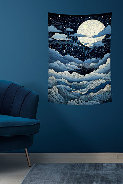 vodler Gece Gökyüzü ve Dolunay Desenli Çizim Duvar Örtüsü