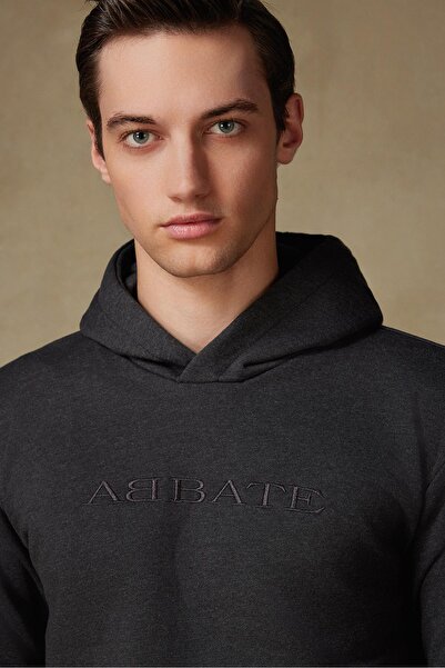 Abbate Hanorac din țesătură tricotată Bumbac Confortabil Antracit Gât cu guler pentru bicicletă Hanorac brodat pentru bărbați