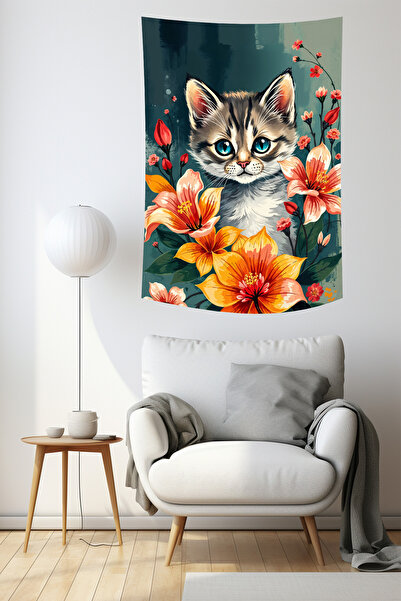 vodler Draperie de perete cu pisicuță drăguță și model de flori