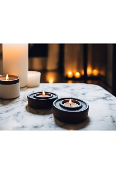 Blue Moon Candle & Decoration Daire Siyah 2'li Beton Tealight Mumluk