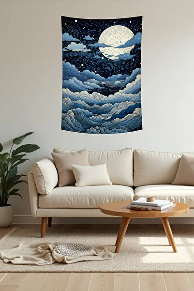 vodler Gece Gökyüzü ve Dolunay Desenli Çizim Duvar Örtüsü