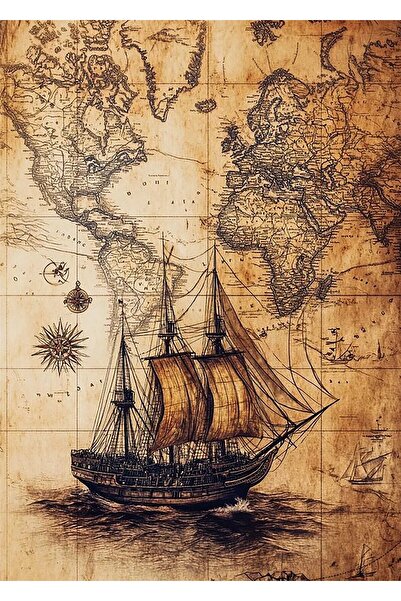 vodler Vintage Dünya Haritası ve Yelkenli Gemi Desenli Duvar Örtüsü
