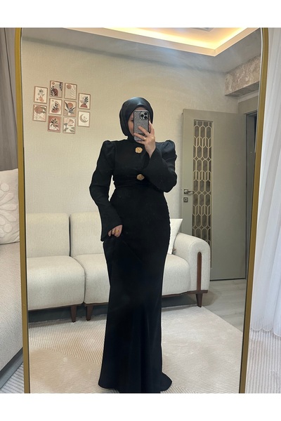 Nuesscollection Broş Düğme Detaylı Saten Elbise
