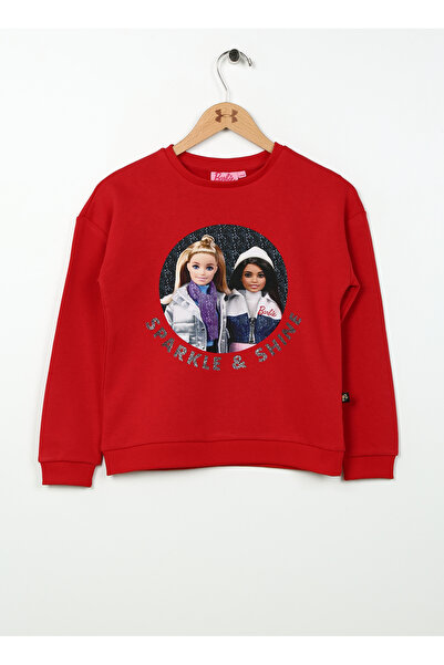 Barbie Kırmızı Kız Çocuk Bisiklet Yaka Düşük Omuz Oversize Baskılı Sweatshirt...