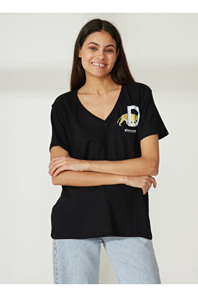 Discovery Expedition V Yaka Baskılı Siyah Kadın T-Shirt W-MERCAN