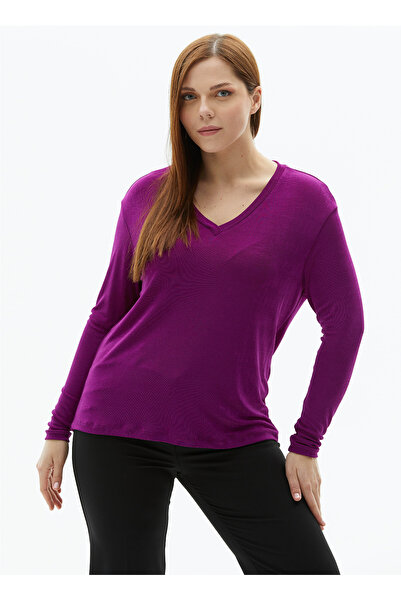 Selen V Yaka Düz Fuşya Kadın Bluz 23YSL8493