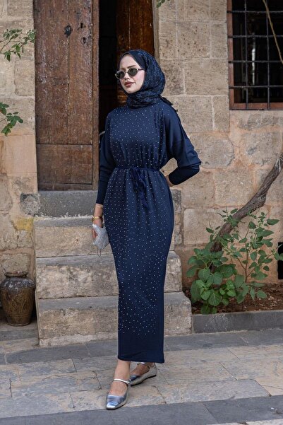 Hazamoda Batum Taşlı Merserize Elbise Lacivert