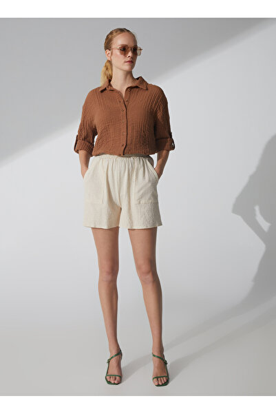 FABRIKA COMFORT Bej Kadın Lastikli Basic Armürlü Keten Şort CM-MUSEN