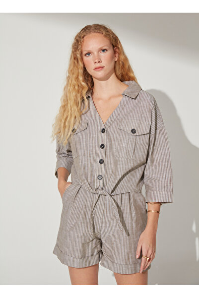 FABRIKA COMFORT Basic V Yaka Çizgili Koyu Yeşil - Beyaz Kadın Gömlek CM-LAKO