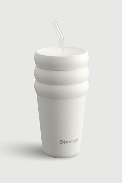 Stevig 3 Bubble Two-Cap Straw Tumbler Steel Thermos 600 ml White Stone St-249
