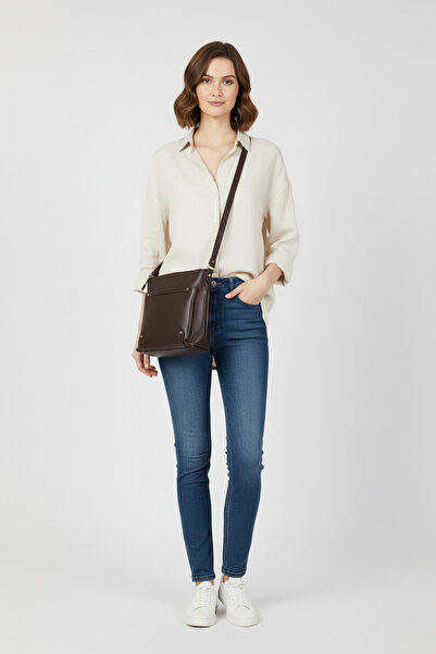 Deriderim Kahve Dış Cepli Fermuarlı Kadın Hakiki Deri Omuz Çantası