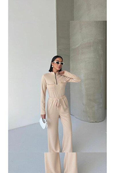 moda paketi Modal Fabric Half Zipper Top Fit Form Pants Set - Cotton