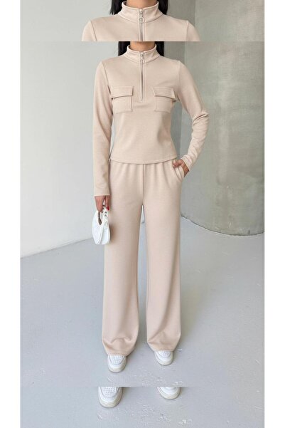 moda paketi Modal Fabric Half Zipper Top Fit Form Pants Set - Cotton