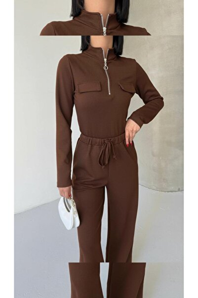 moda paketi Modal Fabric Half Zipper Top Fit Form Pants Set - Cotton