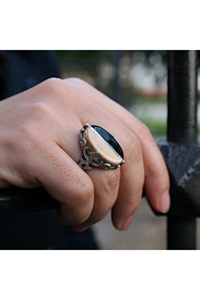 dergah tesbih Fi-l di-şi ve Oltu Taşı Tasarımlı Gümüş Yüzük