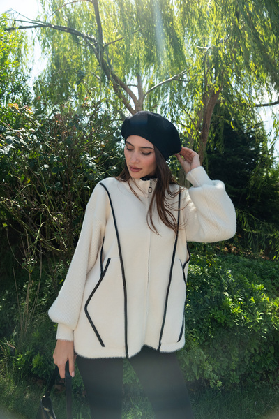 LOCCO Γυναικείο Δερμάτινο Πλεκτό Μπουφάν Μπεζ