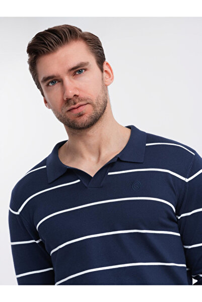 OMBRE Pánské polo tričko s dlouhým rukávem a horizontálními pruhy z viskózy - tmavě modré a bílé V1 OM-POLS-0146 M