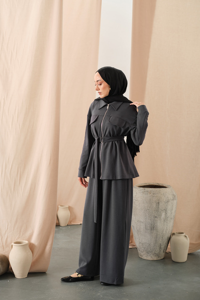 LOCCO Kadın Fermuar Detay Bel Bağlamalı İkili Takım Gri