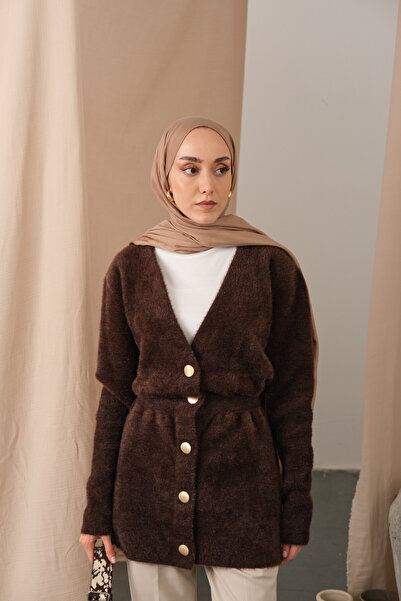 LOCCO Kadın Gold Düğme Detay Hırka Kahverengi