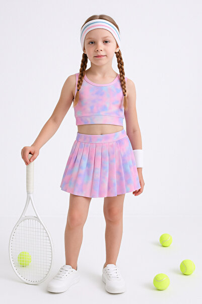 Beniizle Pantaloni scurți cu model Tie Dye cu fustă Crop Set sport pentru fete