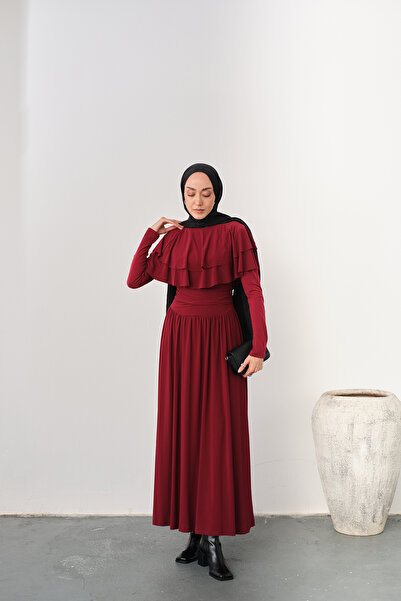 LOCCO Women's Shoulder Ruffle Detail Dress Burgundy