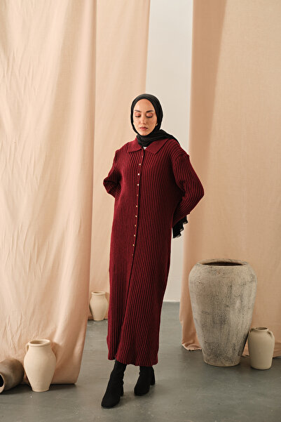 LOCCO Women's Button Detail Knitwear Dress Burgundy